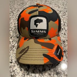 Simms Bass Patch Trucker Woodland Camo Flame Baseball Hat Cap Mesh